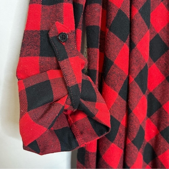 Chloah Buffalo Plaid Roll Tab Sleeve Open Front Fringe Cardigan. Size Small. - Picture 7 of 13
